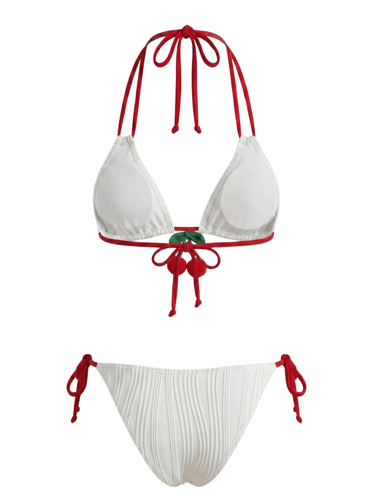 White 1950s Cherry Halter Tie-Side Ribbed Bikini Set - vintage swimsuit, pin-up swimwear for vintage lovers