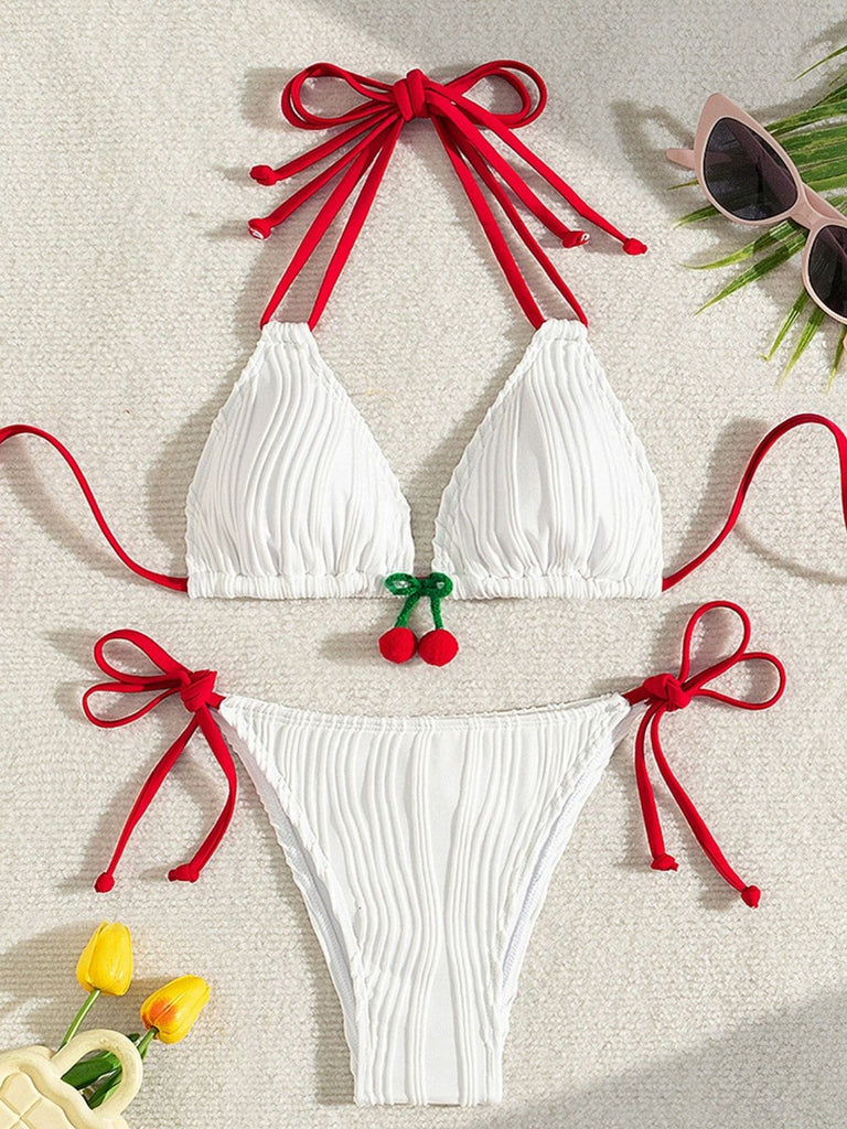 White 1950s Cherry Halter Tie-Side Ribbed Bikini Set - vintage swimsuit, pin-up swimwear for vintage lovers