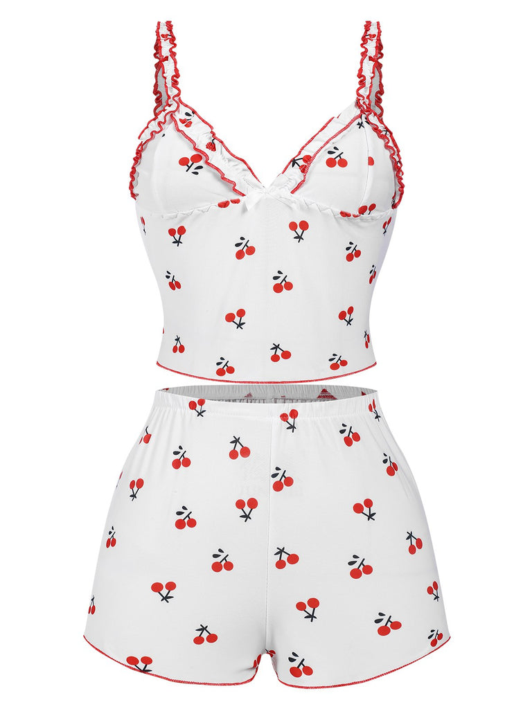 White 1950s Cherry Navel Straps Pajamas, vintage pajamas, retro nightwear - perfect for women who love vintage and retro fashion