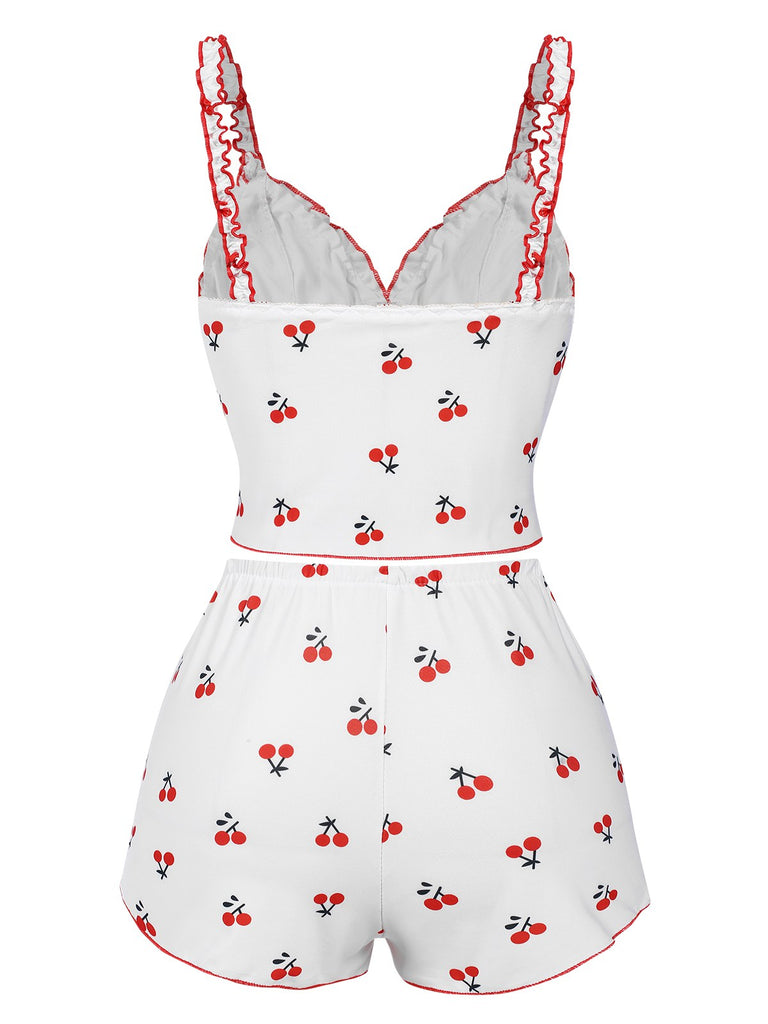 White 1950s Cherry Navel Straps Pajamas, vintage pajamas, retro nightwear - perfect for women who love vintage and retro fashion