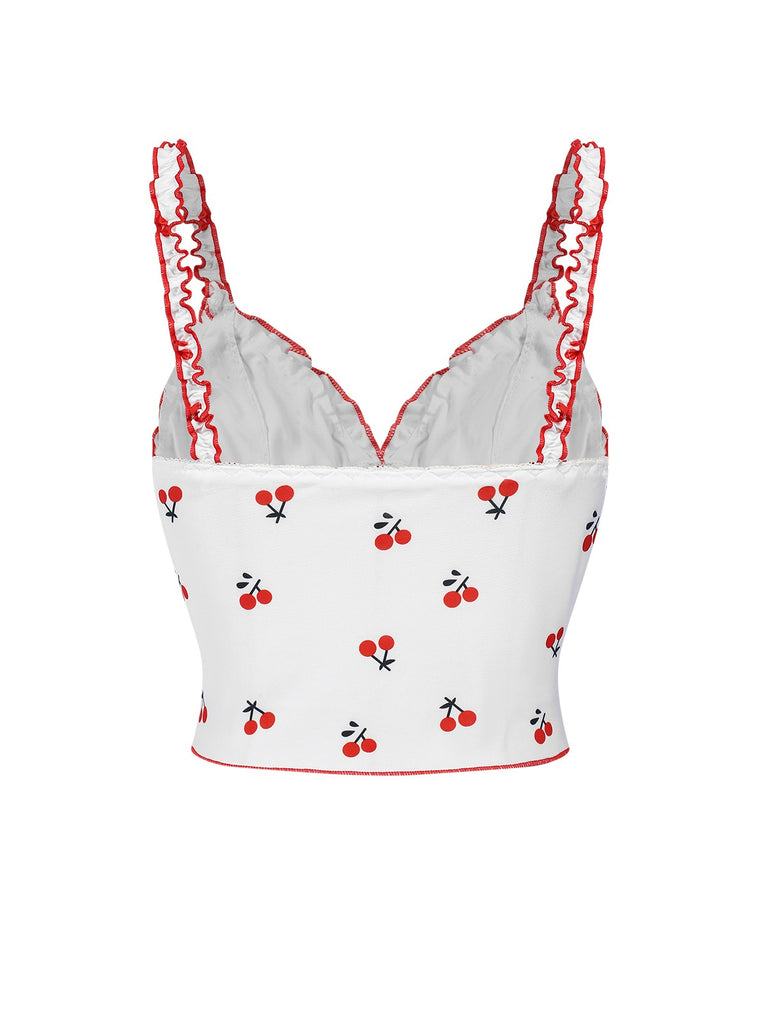 White 1950s Cherry Navel Straps Pajamas, vintage pajamas, retro nightwear - perfect for women who love vintage and retro fashion