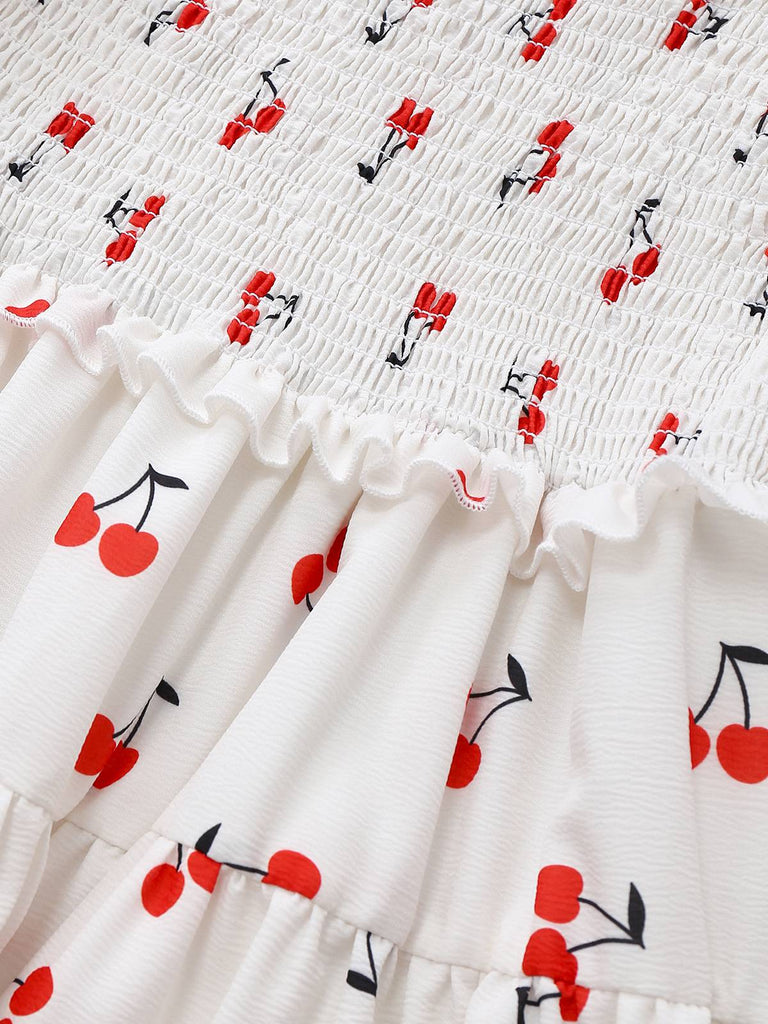 White 1950s Cherry Puff Sleeve Smocked Dress - vintage dress, retro fashion, rockabilly