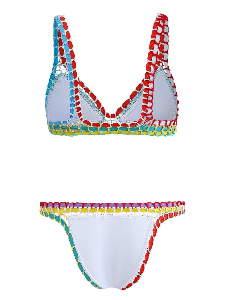 White 1950s Colorful Knit Halter Bikini Set | vintage swimwear, retro swimsuit, pin-up style - perfect for retro fashion enthusiasts