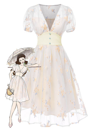 White 1950s Deep V-Neck Embroidered Floral Dress, vintage dress, retro fashion, rockabilly, pin-up fashion - perfect for women who love vintage and retro fashion