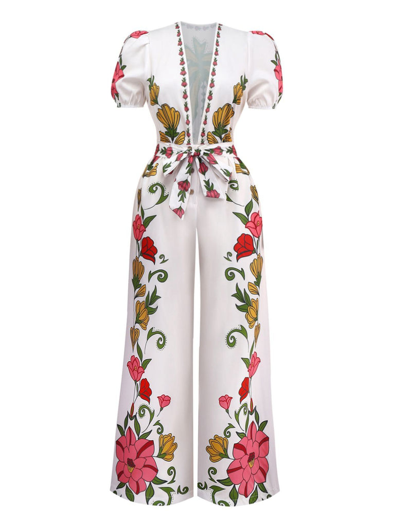 White 1950s Deep V-Neck Floral Belted Jumpsuit - vintage jumpsuit, retro fashion, pure white