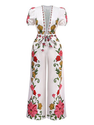 White 1950s Deep V-Neck Floral Belted Jumpsuit - vintage jumpsuit, retro fashion, pure white