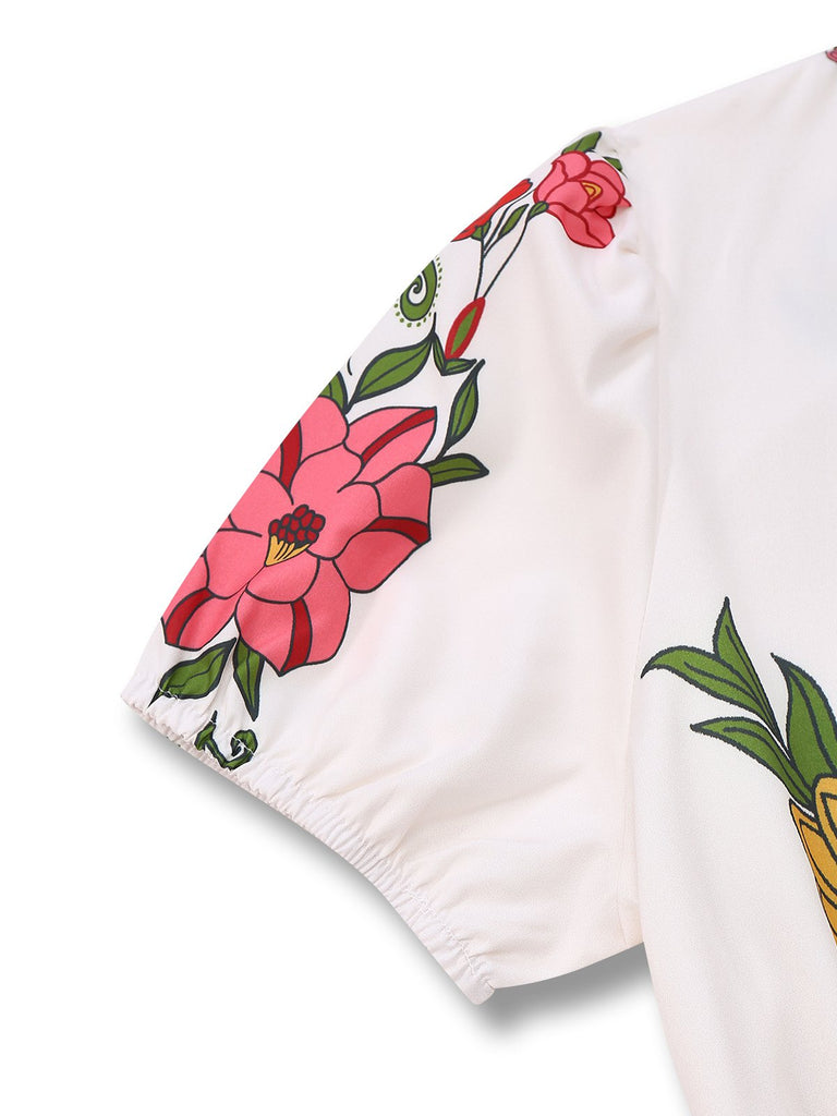 White 1950s Deep V-Neck Floral Belted Jumpsuit - vintage jumpsuit, retro fashion, pure white