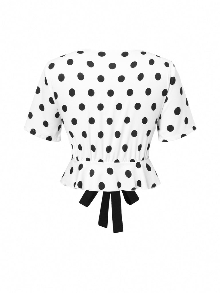 White 1950s Deep V-Neck Polka Dots Top - vintage fashion, retro style, pure white