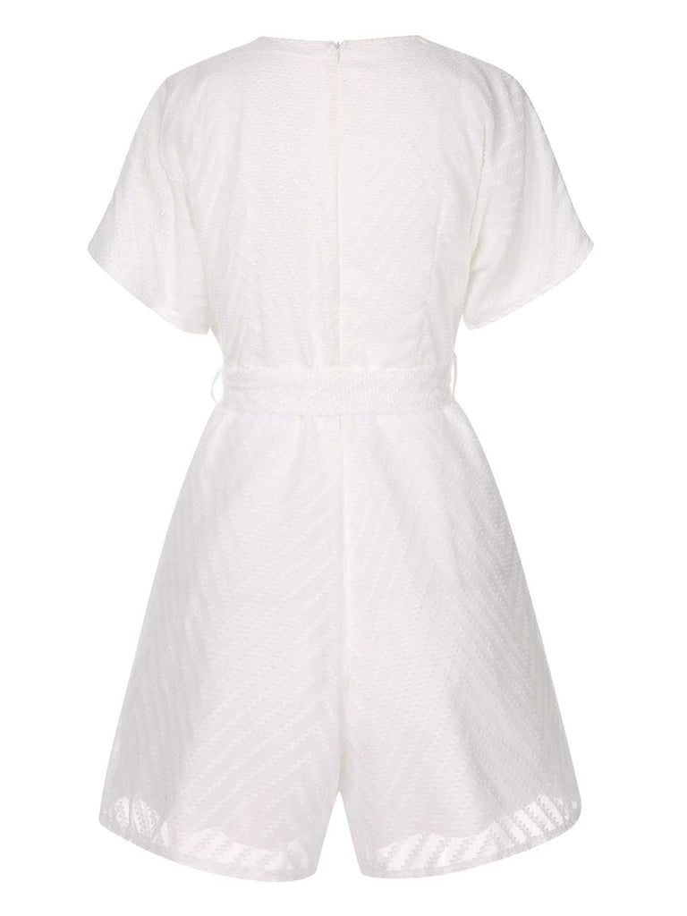 White 1950s Deep V-Neck Textured Belted Romper: 1950s detail work for the woman who notices