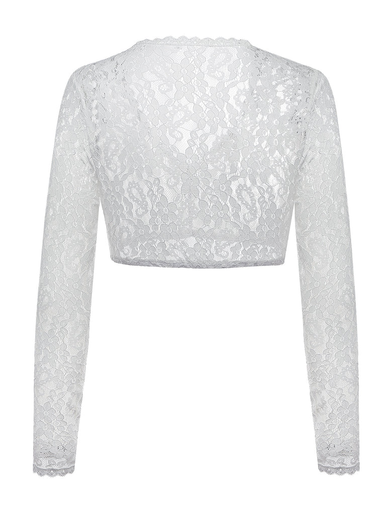 White 1950s Floral Lace Long Sleeves Cropped Top, vintage top, retro blouse, rockabilly, pin-up fashion - vintage inspired fashion