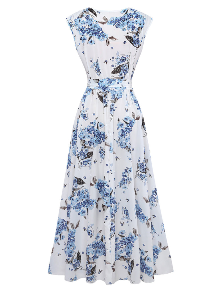White 1950s Floral V Neck Dress 3