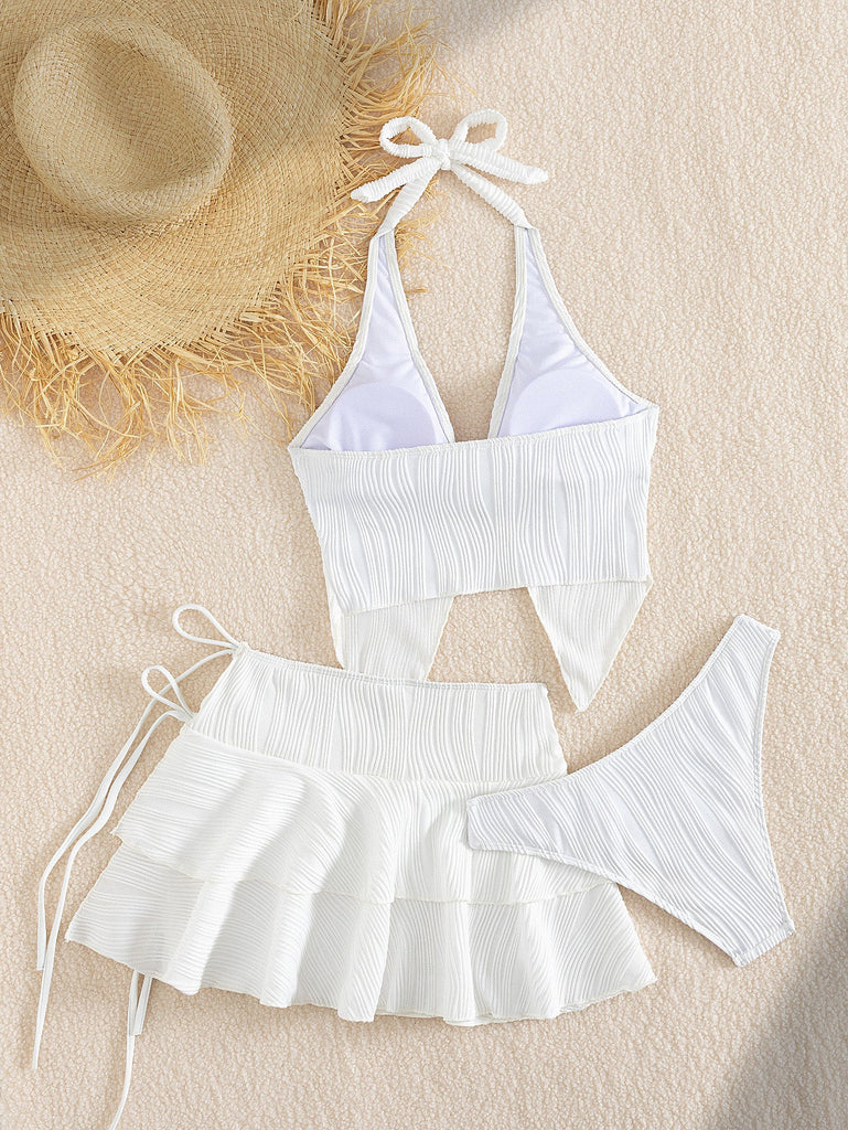 White 1950s Halter 3 Piece Tankini 7