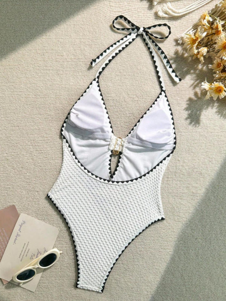 White-1950s-Halter-Metallic-Decor-Textured-One-Piece-Swimsuit, vintage, retro, swimwear