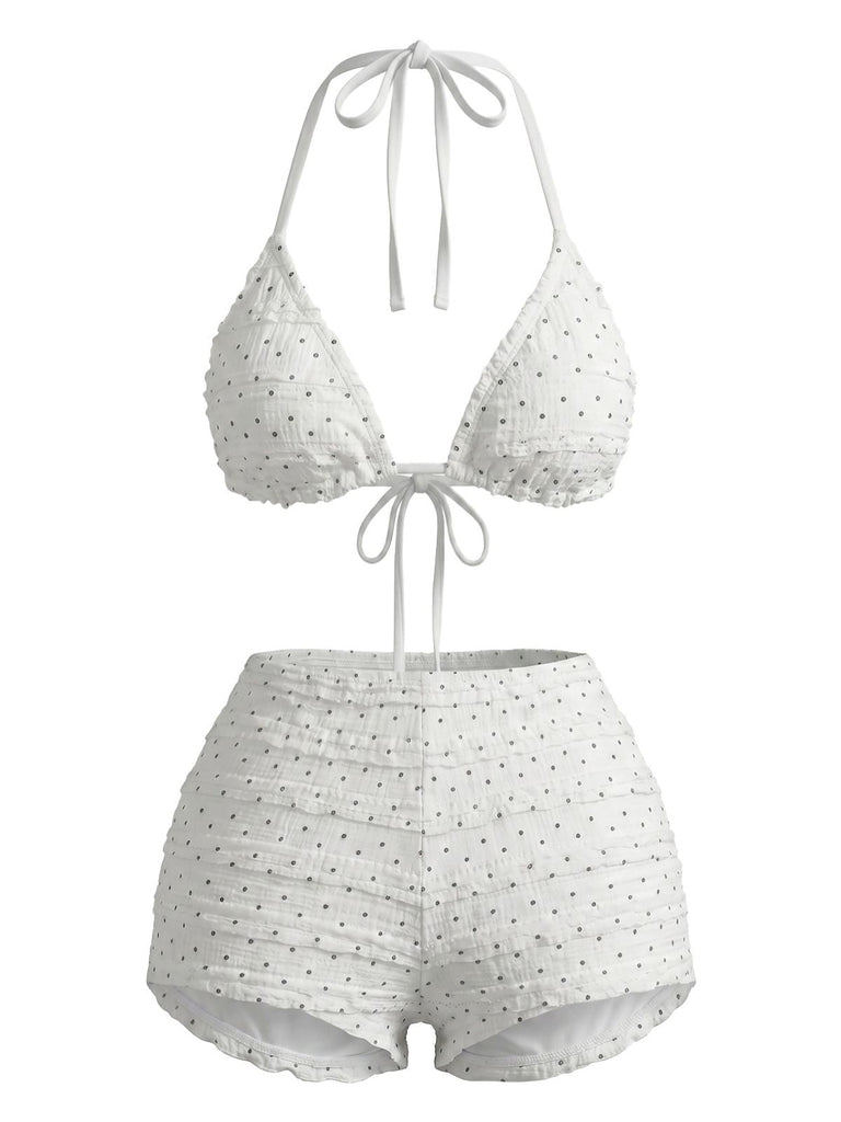 White 1950s Halter Polka Dot Ruched Bikini Set, vintage swimsuit, pin-up swimwear - perfect for women who love vintage and retro fashion