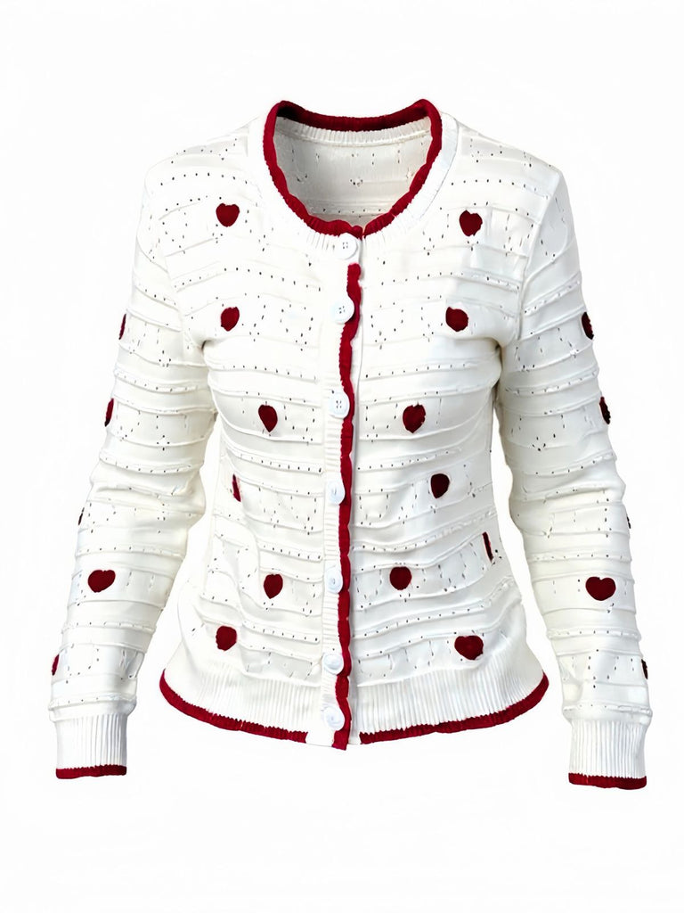 White 1950s Heart Contrast Knitted Cardigan - vintage fashion, retro style, pure white