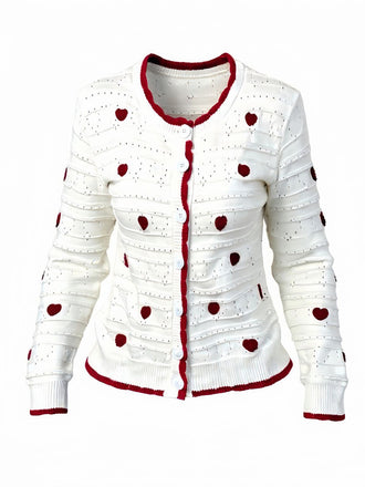 White 1950s Heart Contrast Knitted Cardigan - vintage fashion, retro style, pure white