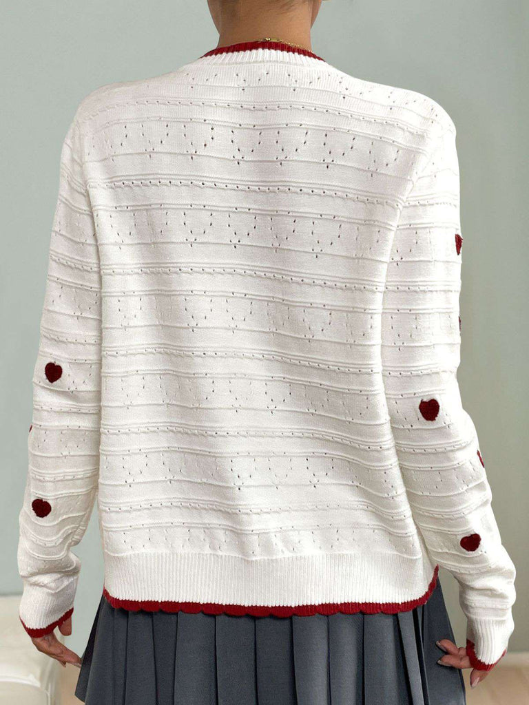 White 1950s Heart Contrast Knitted Cardigan - vintage fashion, retro style, pure white