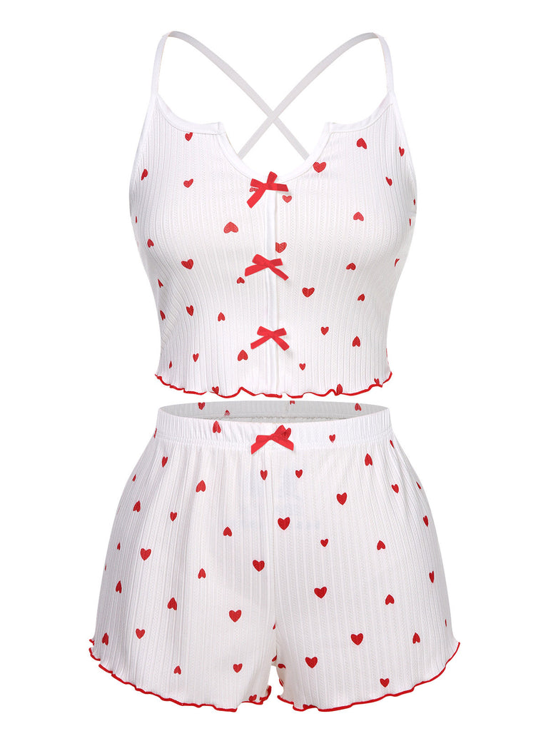 White 1950s Heart Spaghetti Straps Pajamas, vintage pajamas, retro nightwear - perfect for women who love vintage and retro fashion