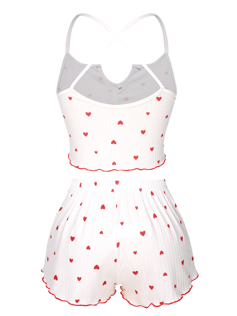 White 1950s Heart Spaghetti Straps Pajamas, vintage pajamas, retro nightwear - perfect for women who love vintage and retro fashion