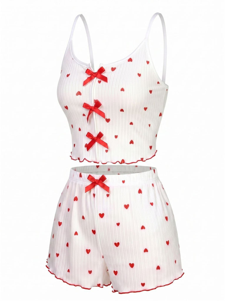 White 1950s Heart Spaghetti Straps Pajamas, vintage pajamas, retro nightwear - perfect for women who love vintage and retro fashion