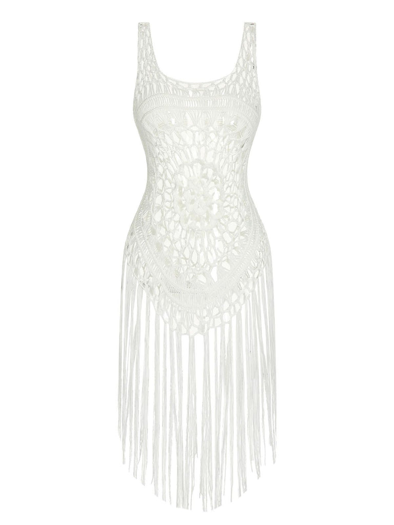 White 1950s Knitted Tassel Hollow Cover-Up, vintage fashion, retro style - perfect for women who love vintage and retro fashion