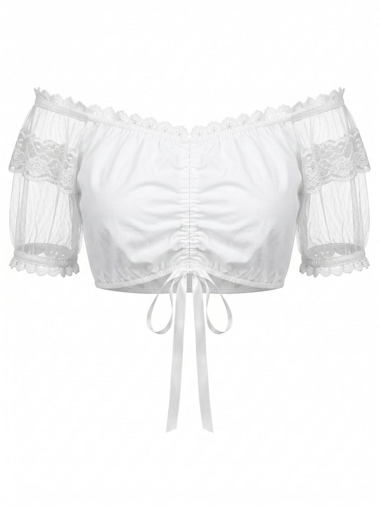 White 1950s Lace Square Neck Top