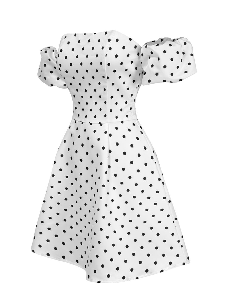 White 1950s Off-Shoulder Polka Dots Dress, vintage dress, retro fashion, rockabilly, pin-up fashion - perfect for women who love vintage and retro fashion