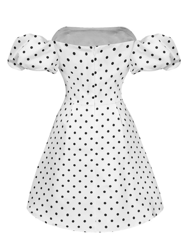 White 1950s Off-Shoulder Polka Dots Dress, vintage dress, retro fashion, rockabilly, pin-up fashion - perfect for women who love vintage and retro fashion
