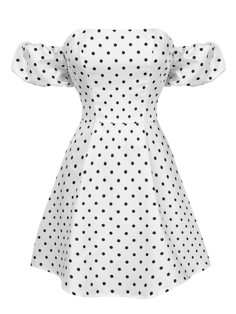 White 1950s Off-Shoulder Polka Dots Dress: where 1950s romance meets her modern spirit
