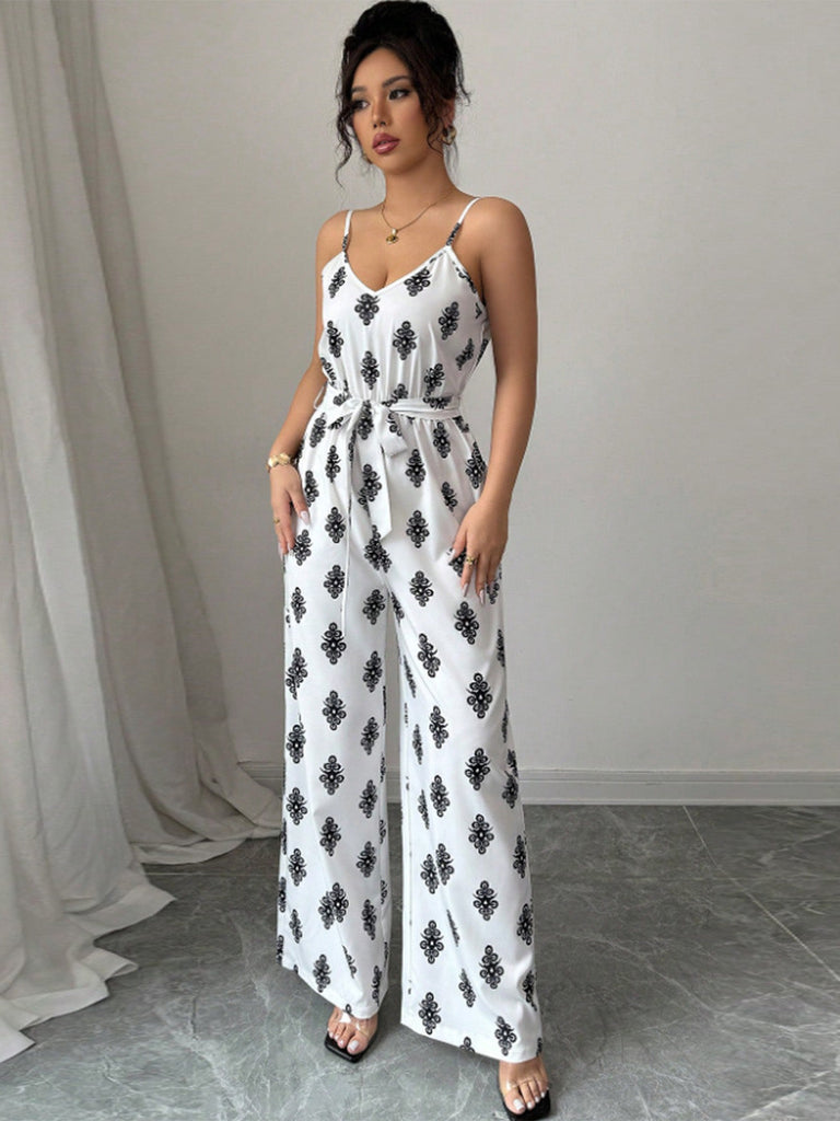 White 1950s Print Spaghetti Strap Jumpsuit, vintage romper, retro jumpsuit - perfect for women who love vintage and retro fashion