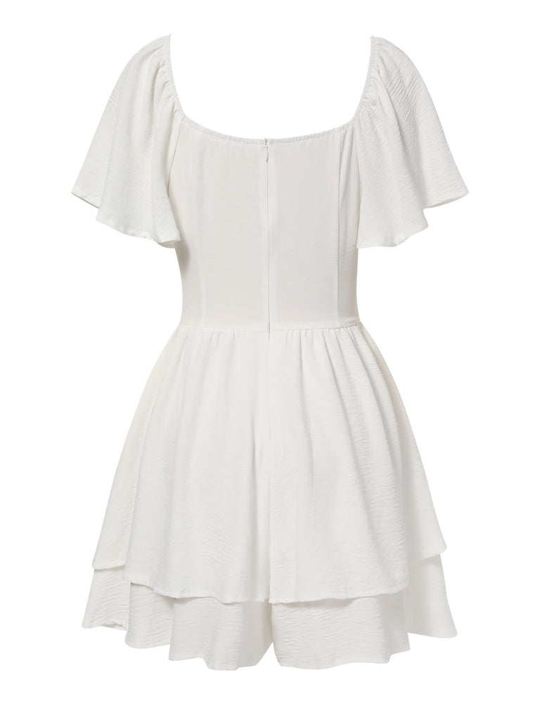 White 1950s Puff Sleeve Layered Hem Romper, vintage romper, retro jumpsuit - perfect for women who love vintage and retro fashion