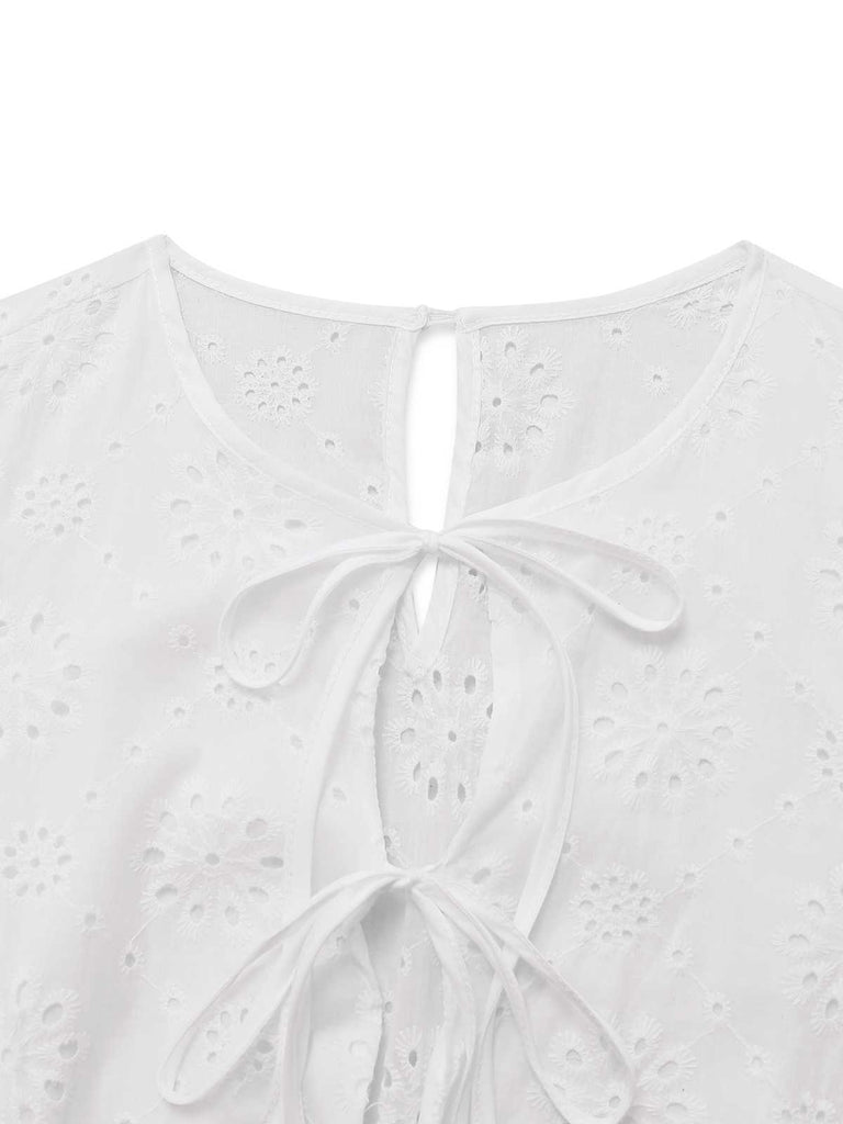 White 1950s Pure Cotton Eyelet Puff Sleeve Top - vintage fashion, retro style, pure white
