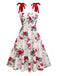 She slips into this White 1950s Rose Print Lace-Up A-Line Dress and suddenly it's a 1950s daydream