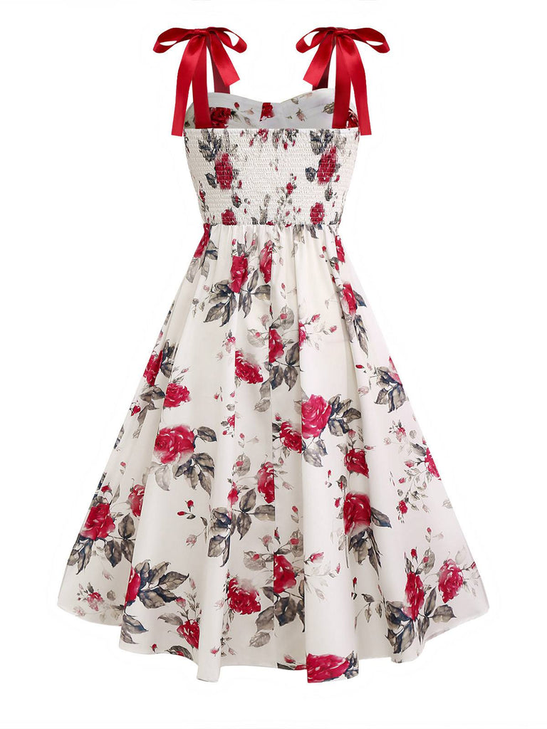 White 1950s Rose Print Lace-Up A-Line Dress: where 1950s romance meets her modern spirit