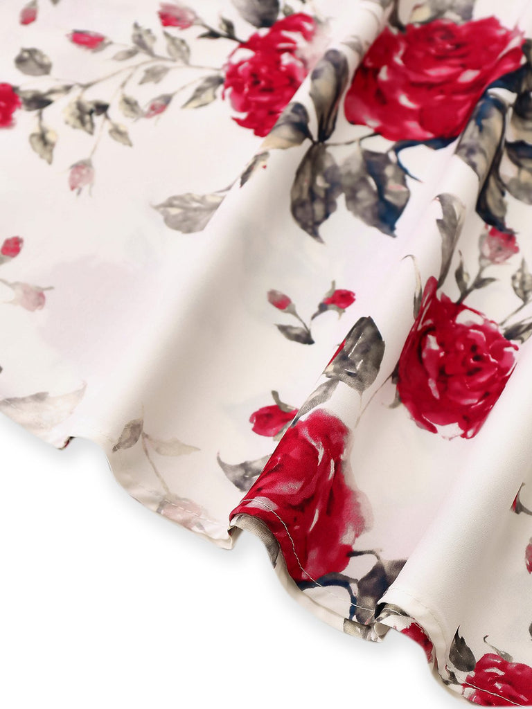 This White 1950s Rose Print Lace-Up A-Line Dress wraps her in 1950s elegance, one twirl at a time