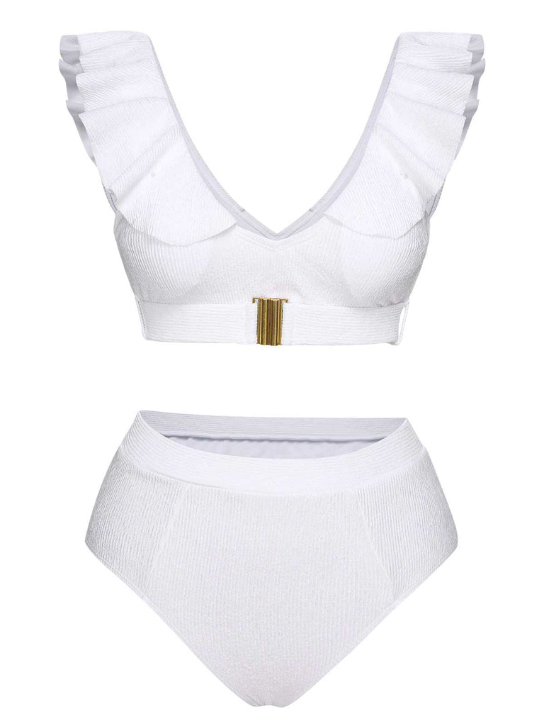 She's wearing White 1950s Ruffles Solid Swimsuit and the whole beach remembers the 1950s