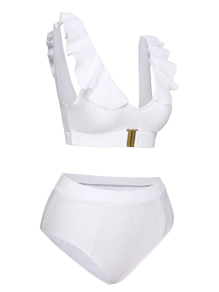 White 1950s Ruffles Solid Swimsuit: 1950s Riviera elegance, reimagined for her