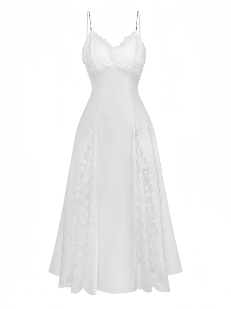 White 1950s Satin Lace Rhinestone Split Maxi Nightgown, vintage fashion, retro style - perfect for women who love vintage and retro fashion
