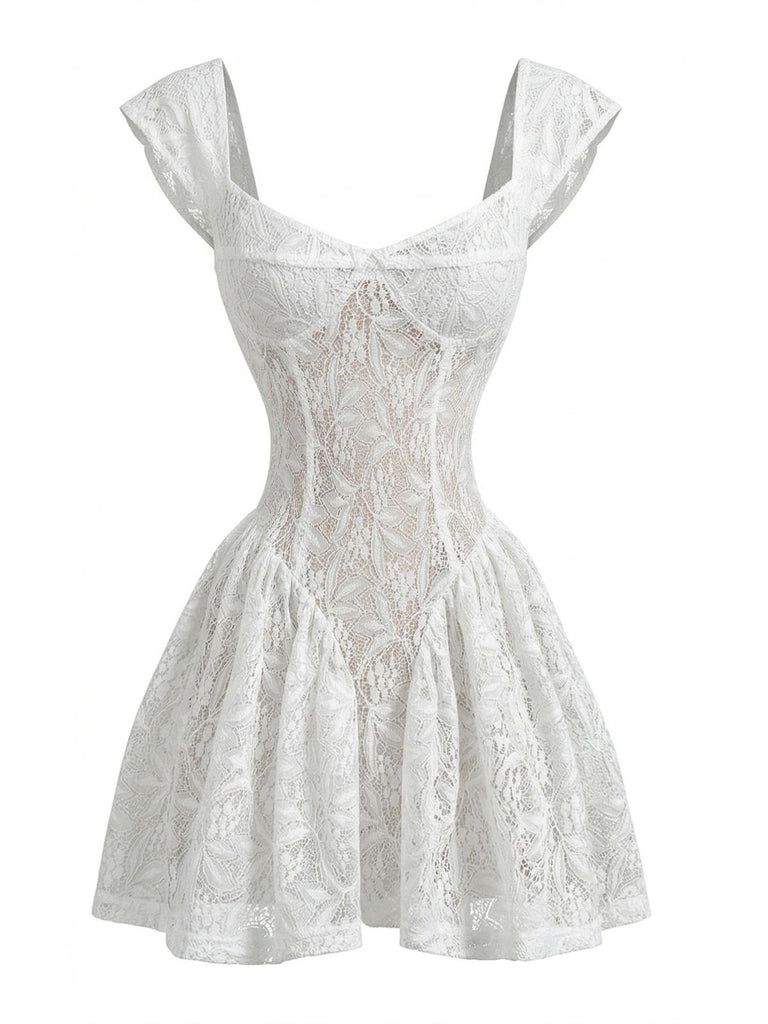 White-1950s-Slim-Lace-Cap-Sleeve-Fitted-Waist-Dress, vintage, retro, dress