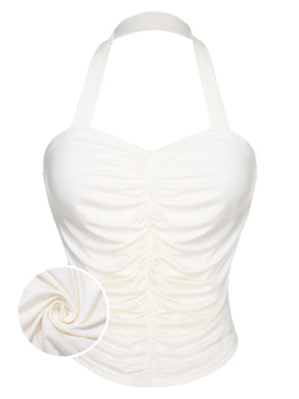 White 1950s Solid Pleated Halter Top, vintage top, retro blouse - perfect for women who love vintage and retro fashion