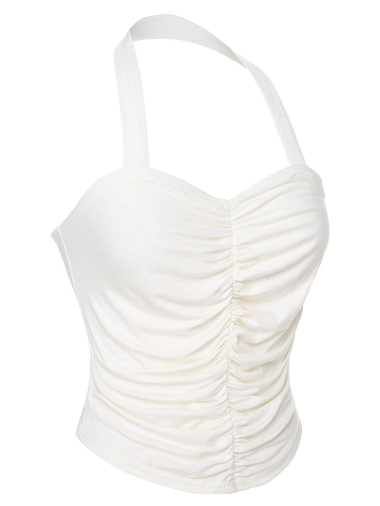 White 1950s Solid Pleated Halter Top, vintage top, retro blouse - perfect for women who love vintage and retro fashion