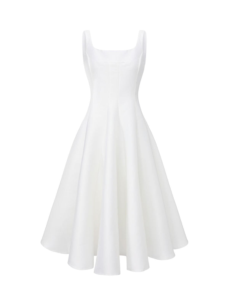 White 1950s Solid Wide Strap Evening Dress - vintage dress, retro fashion, rockabilly