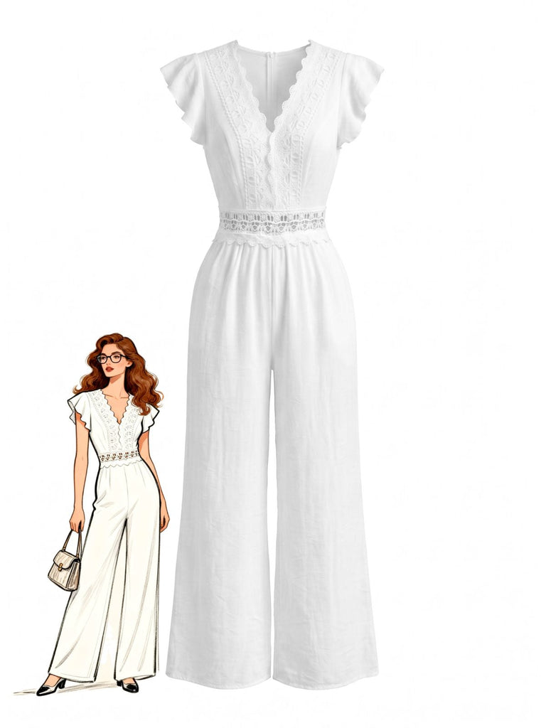 White 1950s Ruffle Sleeve Lace Hollow Jumpsuit, vintage romper, retro jumpsuit - perfect for women who love vintage and retro fashion