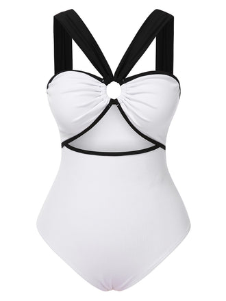 White 1950s Waist Cutout Colorblock One-Piece Swimsuit, vintage swimsuit, pin-up swimwear - perfect for women who love vintage and retro fashion
