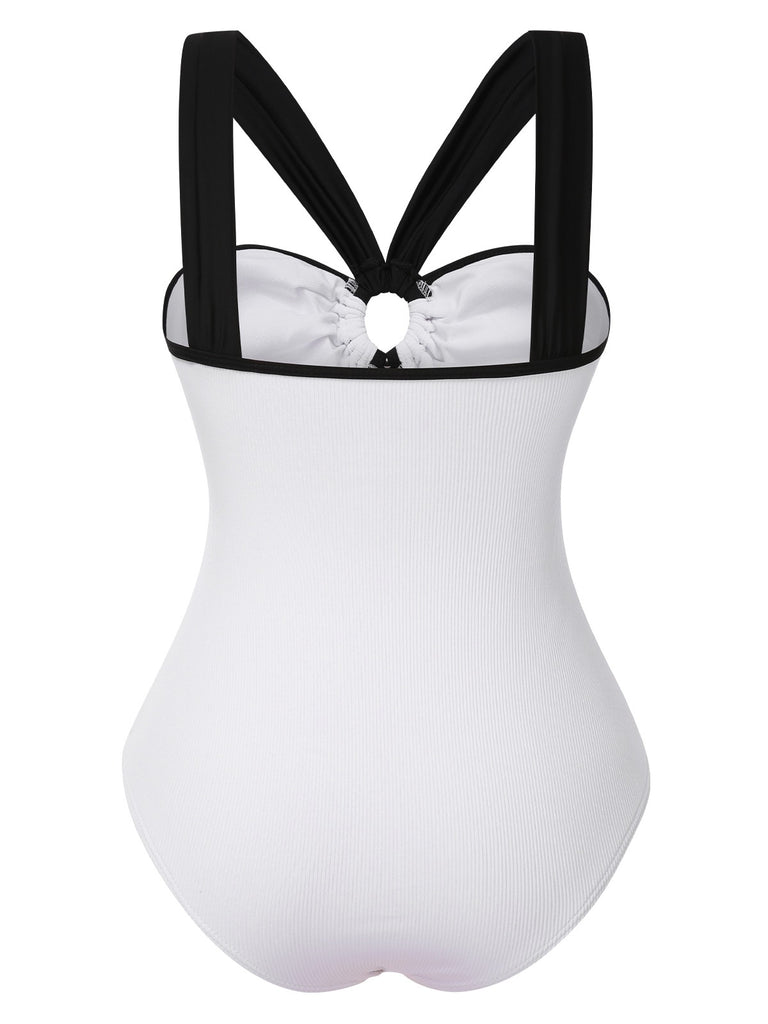 White 1950s Waist Cutout Colorblock One-Piece Swimsuit, vintage swimsuit, pin-up swimwear - perfect for women who love vintage and retro fashion
