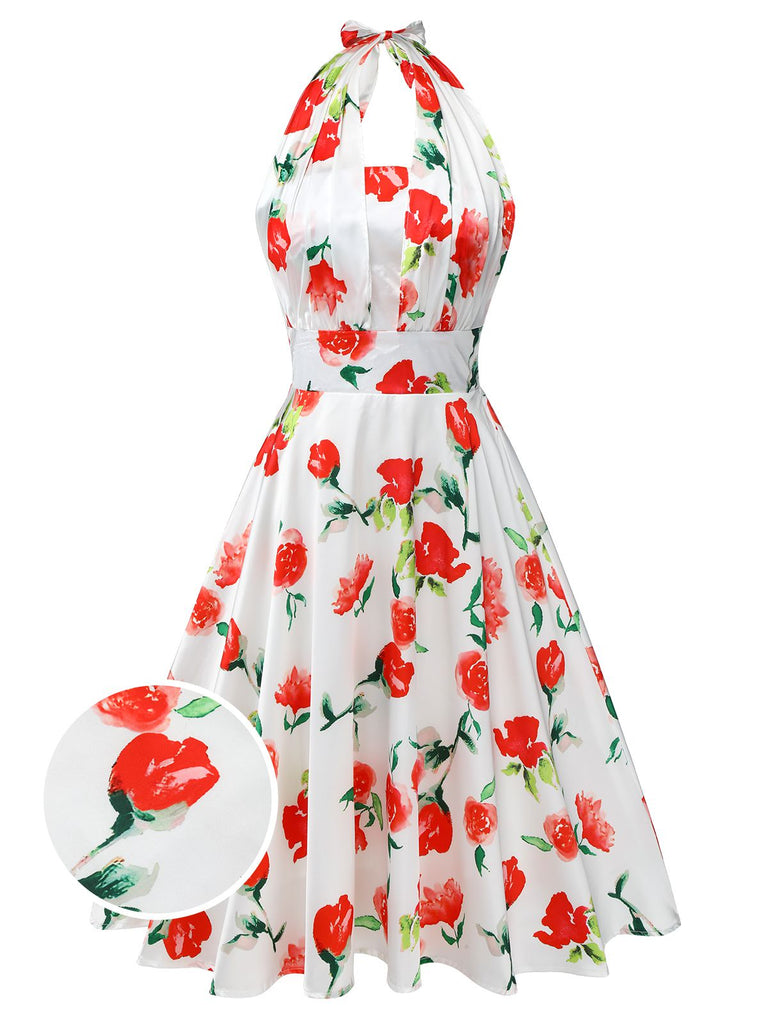 White 1950s Watercolor Rose Halter Dress, vintage dress, retro fashion, rockabilly, pin-up fashion - perfect for women who love vintage and retro fashion