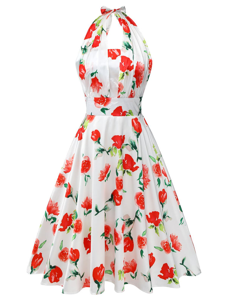 White 1950s Watercolor Rose Halter Dress, vintage dress, retro fashion, rockabilly, pin-up fashion - perfect for women who love vintage and retro fashion