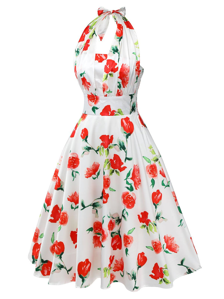 White 1950s Watercolor Rose Halter Dress, vintage dress, retro fashion, rockabilly, pin-up fashion - perfect for women who love vintage and retro fashion