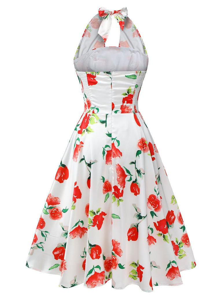 White 1950s Watercolor Rose Halter Dress, vintage dress, retro fashion, rockabilly, pin-up fashion - perfect for women who love vintage and retro fashion