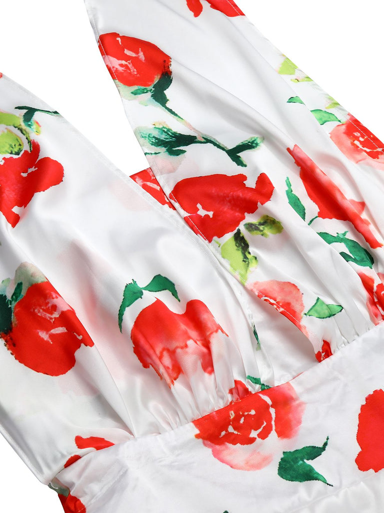 White 1950s Watercolor Rose Halter Dress, vintage dress, retro fashion, rockabilly, pin-up fashion - perfect for women who love vintage and retro fashion